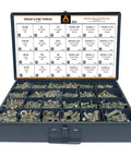 1275 Piece Grade 8 Fine Thread Hex Bolt And Nut Assortment With Lock And Flat Washers Stowed In Rugged Steel Drawer Box, organized components in compartments.