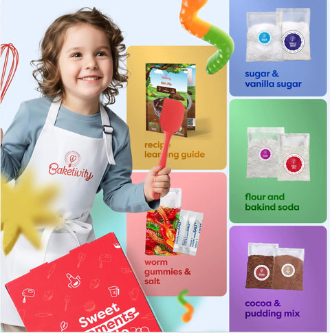 Child holding Dirt Pie Kids Baking Kit with chocolate cake mix, pre-measured dry ingredients, chewy gummy worms, baking tools and guide