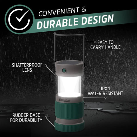 Hybrid Solar Lantern Go To Camping Buddy With USB Or AA Battery Power Rechargeable Lithium Ion Battery Charges Via Solar Or USB IPX4 Water Resistant Bright LED Lantern Outdoors in rain with labeled features