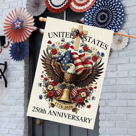 250 Years USA House Flag 28 By 40 Inch Double Sided Burlap Patriotic Flag featuring eagle and bell design outdoors
