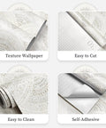 Boho Peel And Stick Wallpaper For Cabinets And Walls Modern Geometric Beige Self Adhesive Contact Paper Waterproof Removable Bedroom And Bathroom Accent Drawer Liner Easy Install 17.3 Inch By 393 Inch shown as textured, easy-cut, easy-clean, and self-adhesive wallpaper sections.