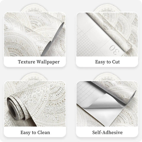 Boho Peel And Stick Wallpaper For Cabinets And Walls Modern Geometric Beige Self Adhesive Contact Paper Waterproof Removable Bedroom And Bathroom Accent Drawer Liner Easy Install 17.3 Inch By 393 Inch shown as textured, easy-cut, easy-clean, and self-adhesive wallpaper sections.