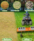 Quad towing a rake with cinder blocks over a lawn, illustrating before and after lawn care using dethatching equipment.