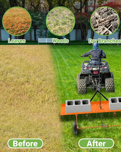 Quad towing a rake with cinder blocks over a lawn, illustrating before and after lawn care using dethatching equipment.