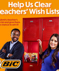 Help Us Clear Teachers' Wish Lists with BIC products visible in a red locker, showcasing school supplies for students.