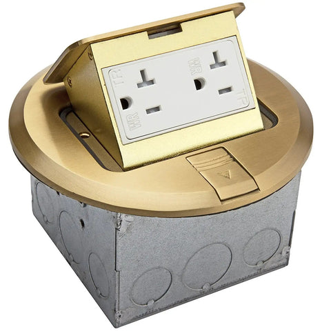 Round Pop Up Floor Box Kit With 6 Inch Cover, 20A Tamper Weather Resistant Outlet in brass finish