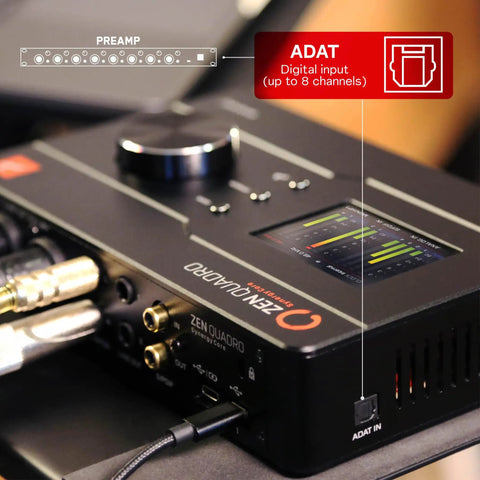 Close-up of Zen Quadro USB-C Podcast Interface with ADAT input and four studio-grade mic preamps, featuring pro conversion and clocking.
