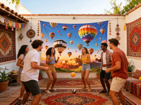 Friends enjoying a party in front of a 7x5ft Hot Air Balloon Backdrop With Colorful Rainbow Sky And Mountain Scene For Birthday Parties