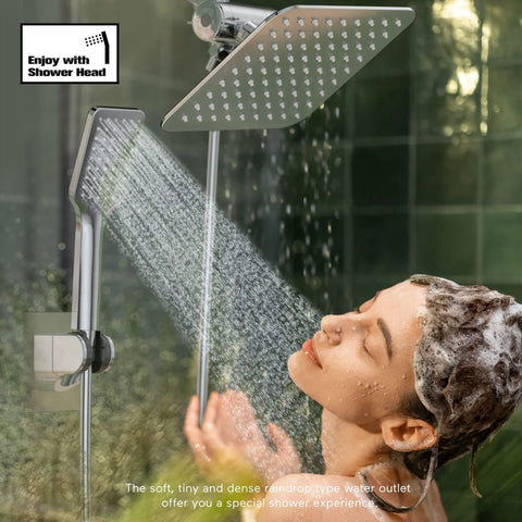 High Pressure Rain Shower Head With Handheld And Dual Square Shower Head Combo 3 Spray Settings showering woman