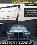 Matte Black License Plate Frames 2 Pack Dope Quality Rust Free Stainless Steel Rattle Free Universal Fit With Screw Caps Slim Top Design Thin Rigid Front And Rear Car Tag Holders For Men And Women with image of one frame showing stainless steel and black coating, car wash safe