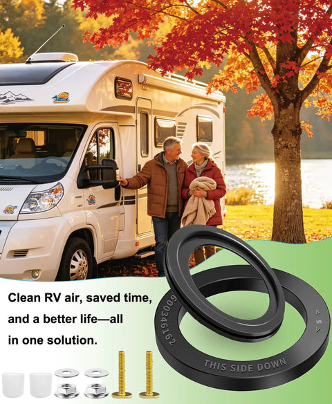 Heavy Duty RV Toilet Seal Repair Kit With Flush Ball Washer And Tough Bottom Gasket For Dometic 300 310 320 Camper Motorhome Rigs displayed with couple near an RV.