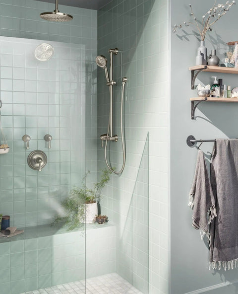 Round Drop Ell Handheld Shower Hose Wall Connector in Brushed Nickel Finish, 1/2 Inch IPS fitting in modern bathroom