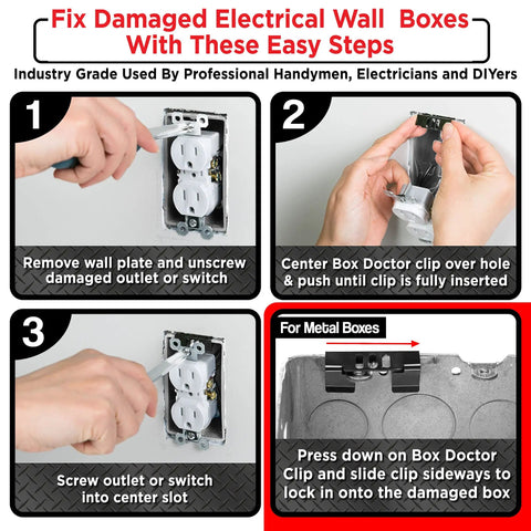 Easy Fix For Loose Outlets And Switches With Electrical Wall Box Repair Clips 10 Pack No Drywall Cut Required No Mess Quick In Wall Mount Solution For Home DIY shown with installation steps