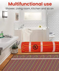 70 Sqft Self-Adhesive Electric Radiant Floor Heating Mat displayed in bathroom setting with roll of red fiberglass mesh
