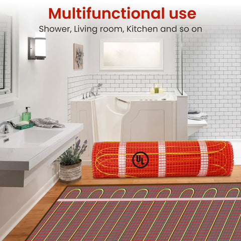 70 Sqft Self-Adhesive Electric Radiant Floor Heating Mat displayed in bathroom setting with roll of red fiberglass mesh