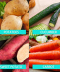 Kitchen collage showing potatoes, cucumbers, sweet potatoes and carrots with turquoise label bars