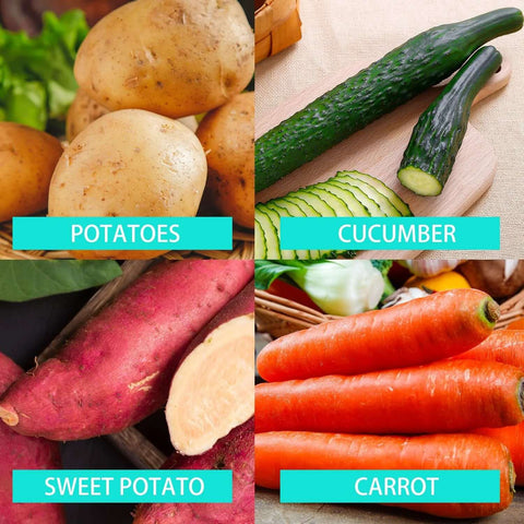 Kitchen collage showing potatoes, cucumbers, sweet potatoes and carrots with turquoise label bars