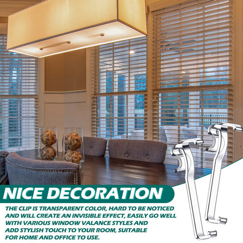 No Sweat 3 Inch Valance Clips For Horizontal Window Blinds, 12 Pack Plastic Mounting Retainers, Quick Snap Setup For Wood And Faux Wood Treatments, Bulletproof Home Decor Hardware displayed on window with blinds.