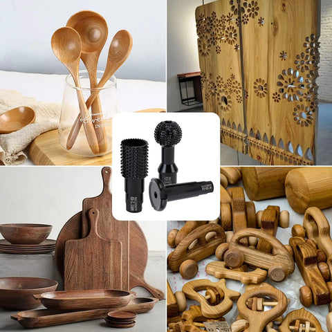 3Pcs Wood Grinder Ball Gouge Heads And Spherical Cylindrical Burr Attachments For Angle Grinders featuring wood spoons and boards.