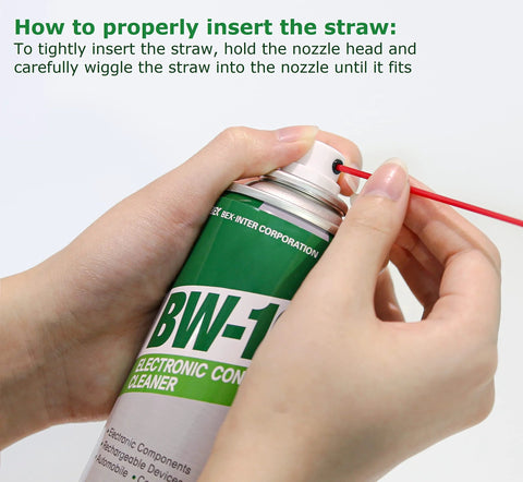 Close-up of hands pressing the BW-1 electronic cleaner aerosol can nozzle with red straw.