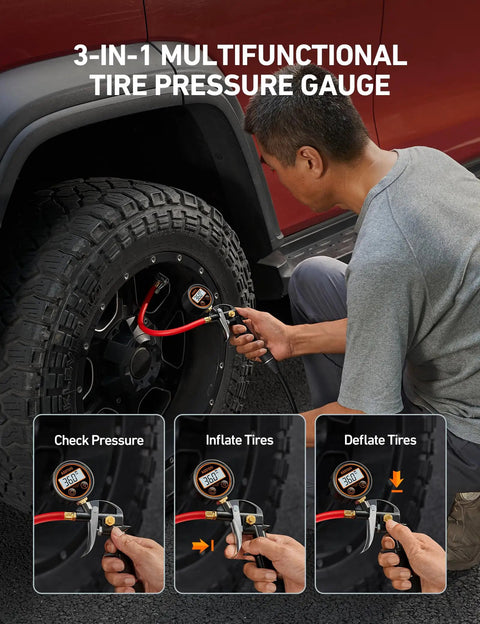 Digital Tire Pressure Gauge With Inflator, Heavy Duty 3 To 250 PSI Range, used on a truck tire