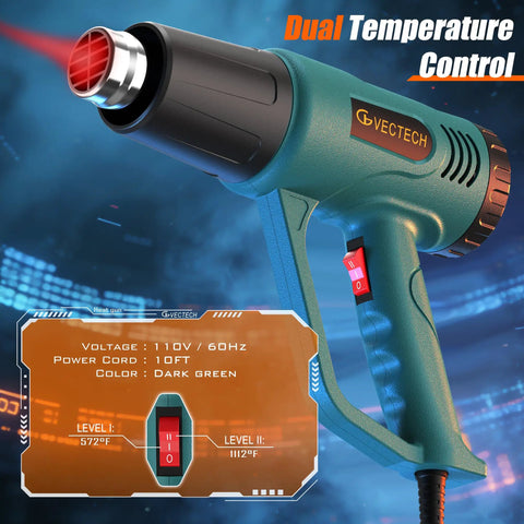 Dual Temp Heat Gun With 572F And 1112F Settings, fast heat, four nozzles, ten foot cord, pro grade for crafts and projects