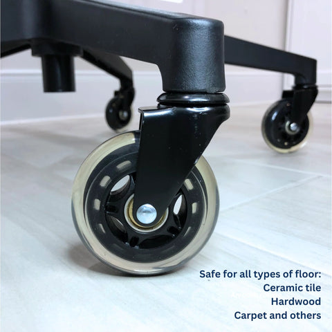 Close-up of installed office chair wheel casters, 3 inch roller blade type, heavy duty, non marking, showing smooth rolling on tile floor.