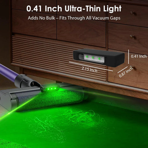 Ultra Wide Vacuum Dust Display Light With Auto Start Stop Center Mounted Reveals Hidden Dust And Pet Hair Works With Dyson And All Vacuums USB C Rechargeable Easy Setup Totally Handy For Cleaning showing thin light measuring 0.41 inch.