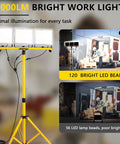 Ridiculously Bright 45000 Lumen LED Work Light with stand showing three-head design on aluminum tripod for job sites and workshops.
