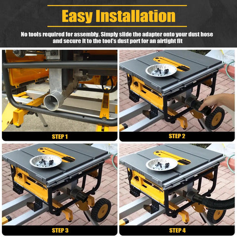 Dust Collection Hose Adapter Two And A Half Inch To One And Seven Eighth Inch Fitting For Woodworking Tools Fits Table Saw Bandsaw Spindle Sander Miter Saw And Shop Vacuum DIY Friendly Built With Heavy Duty Polymer For Leak Free Airflow easy installation steps