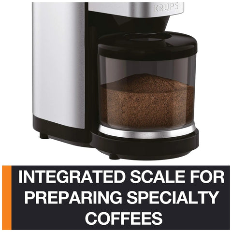 Hella Precise Automatic Coffee Grinder With Built In Scale And Thirty Nine Custom Settings For Bang Perfect Home Brews Solid Daily Ritual With Fourteen Oz Bean Hopper Sleek Black Design close up of integrated scale and coffee grounds in hopper.