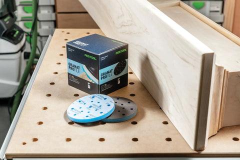 Granat Profile Soft 6 Inch Sanding Discs 10 Pack for contours curves and moldings with box on wooden workbench
