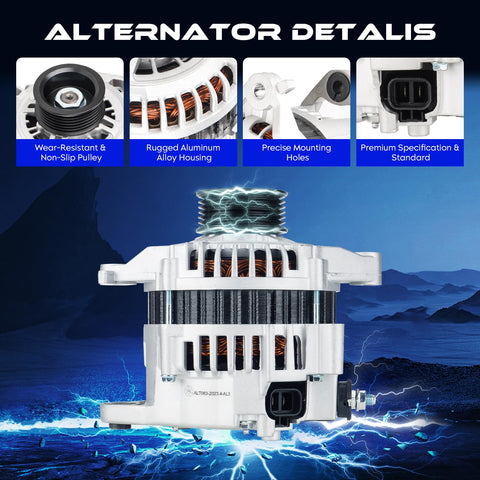 New Alternator Replacement For Nissan Sentra 1.8L 2002 2003 2004 2005 2006 Direct Fit showing features like pulley and alloy housing