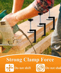 Eight Piece C Clamp Set For Woodworking And Metalworking, Heavy Duty Adjustable G Clamps in use on wood plank with saw