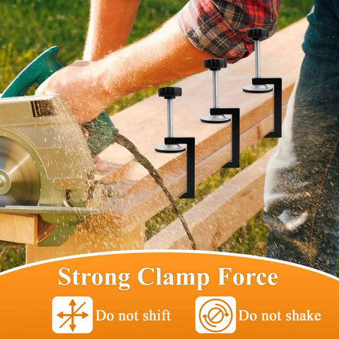 Eight Piece C Clamp Set For Woodworking And Metalworking, Heavy Duty Adjustable G Clamps in use on wood plank with saw