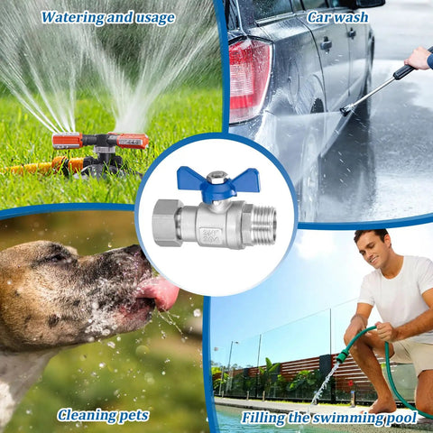 Heavy Duty Garden Hose Shut Off Valve Set 2 Pack 3/4 Inch GHT Full Flow Ball Valve With 360 Degree Rotatable Connector Solid Stainless Steel Easy Shutoff Leak Free Water Control used for watering, car wash, pets, pool