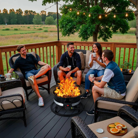 Group enjoying Lit Propane Fire Pit Smokeless 58000 BTU 19 Inch Outdoor Portable Fire Table on patio in evening.