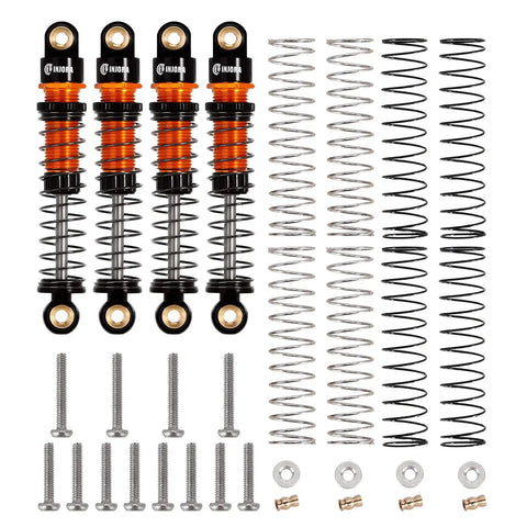 Set of 45mm aluminum threaded oil shock absorbers for one twenty fourth FCX24 and FMS RC cars, includes springs and screws.