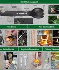 Must Have 30 In 1 Survival Gear Kit For Men And Outdoorsy Folks with multi-use spork, fire tools, bottle buckle, and fishing kit