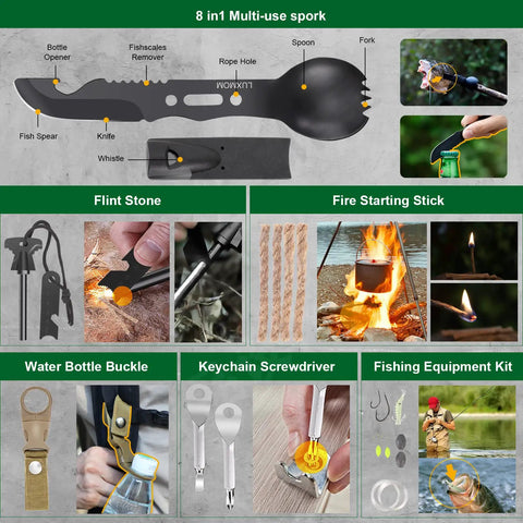 Must Have 30 In 1 Survival Gear Kit For Men And Outdoorsy Folks with multi-use spork, fire tools, bottle buckle, and fishing kit