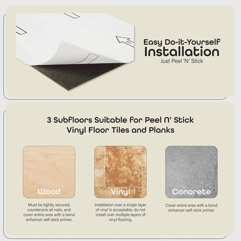 Vinyl Peel And Stick Floor Tile With Self Adhesive Wood Look Planks 10 Pack 15 Square Feet Light Gray Oak installation guide with subfloor types