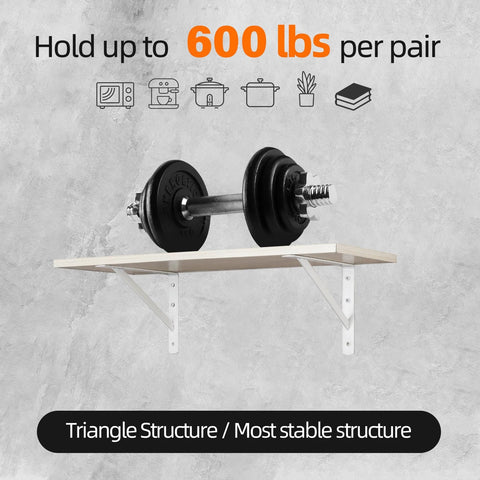 Heavy Duty 12-Inch By 8-Inch Shelf Brackets With 600 Lb Capacity, white metal L supports, wall-mounted with dumbbell on shelf.