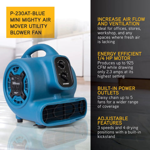Powerful Quarter HP Centrifugal Air Mover Beast Delivers 925 CFM To Dry Carpets, Floors, Upholstery Fast in blue with controls