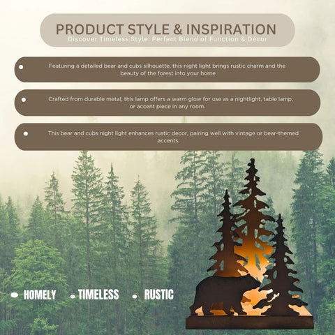 Woodsy Bear Silhouette Table Lamp For Cabin And Lodge Decor with metal bear and cubs in forest background, rustic style