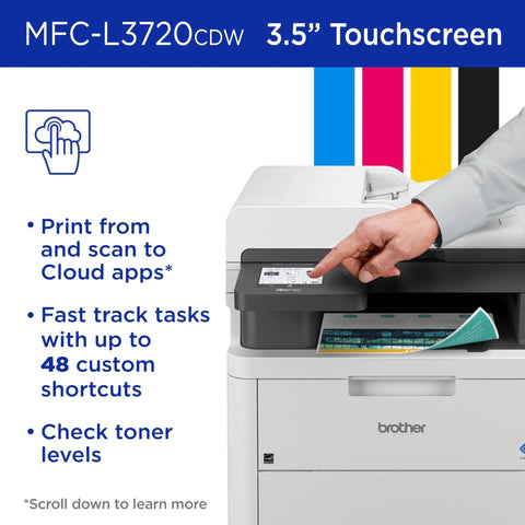 Go To Wireless Color Laser Printer With Scanner, Copier And Fax auto duplex 250 sheet capacity shown with touchscreen