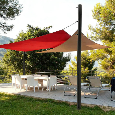 Outdoor setup with Two Pack 11.4 Ft Outdoor Sun Shade Sail Pole Kit With Heavy Duty Steel Posts And Dual Bases For Cement Or Lawn on patio