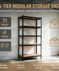 Premium Rock Solid Black Metal Five Tier Storage Shelving Unit With Quick Adjust Shelf Brackets For Garage Organization And Basement Utility Rack Setup in garage.