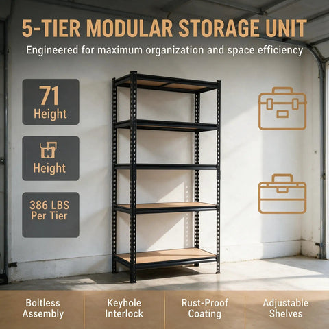 Premium Rock Solid Black Metal Five Tier Storage Shelving Unit With Quick Adjust Shelf Brackets For Garage Organization And Basement Utility Rack Setup in garage.