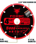 4-1/2 Inch Diamond Cutting Wheel For Angle Grinder Dry Cut Metal Cut Off Up To 100X Longer Life Than Standard Discs 7/8 Inch Arbor 3 Pack Rebar Stainless Steel Angle Iron, showing front view with labels for dimensions and features.