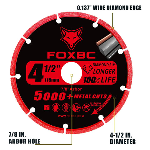 4-1/2 Inch Diamond Cutting Wheel For Angle Grinder Dry Cut Metal Cut Off Up To 100X Longer Life Than Standard Discs 7/8 Inch Arbor 3 Pack Rebar Stainless Steel Angle Iron, showing front view with labels for dimensions and features.